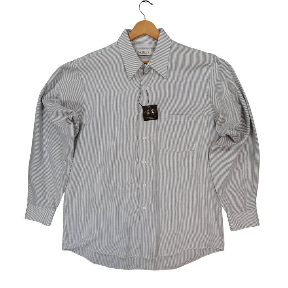 Van Heusen Button Down Mens Large Grey Excellent Wrinkle Free Striped
